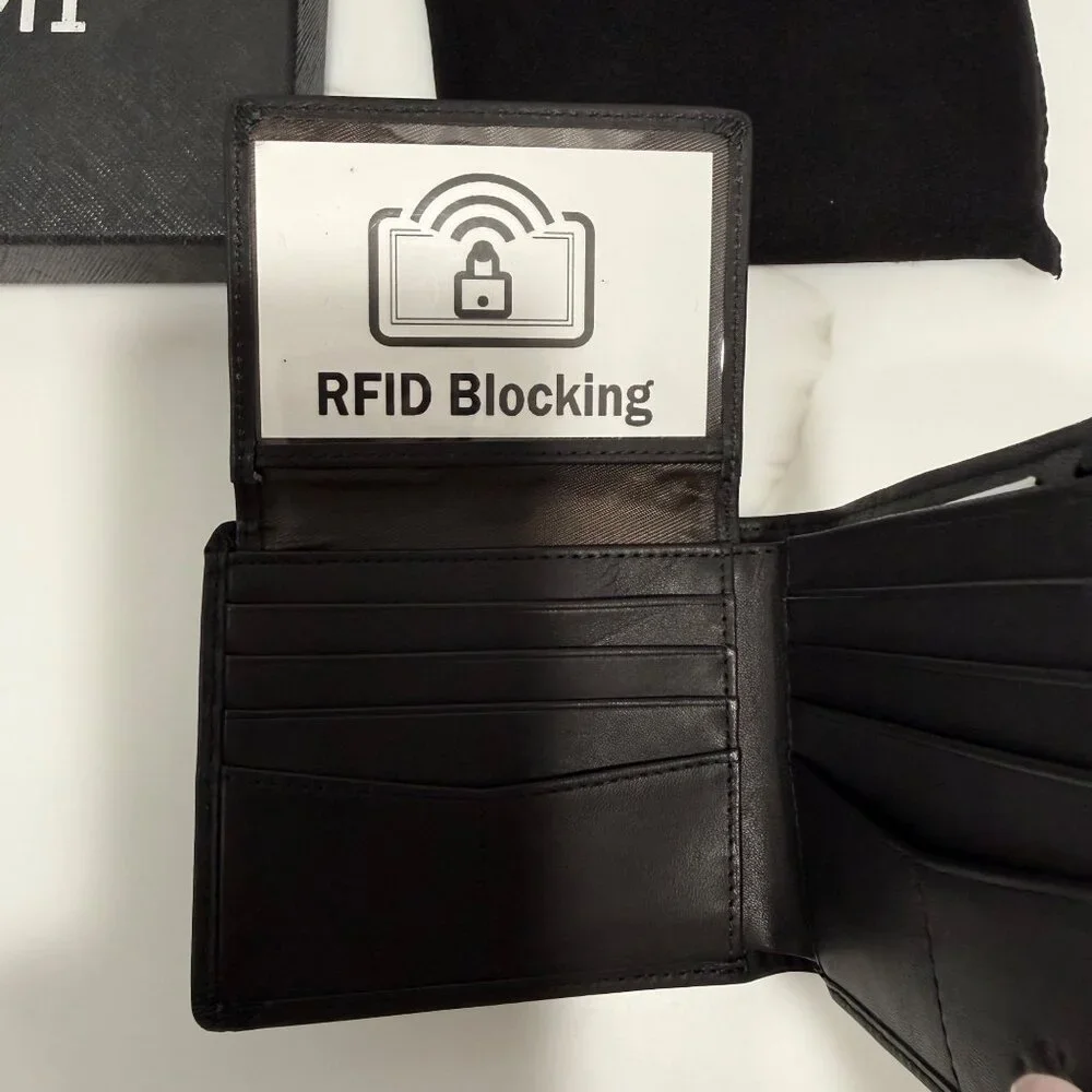 Mens Genuine Leather Wallet RFID Blocking Bifold 2‎ ID Window Black NEW
